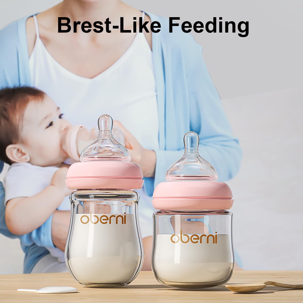 Oberni Glass Baby Bottle, Anti-Colic Baby Bottles with Slow Free Flow Breast-Like Teat 120ml (Pack of 2), 0m+ Newborn, Pink - Image 4