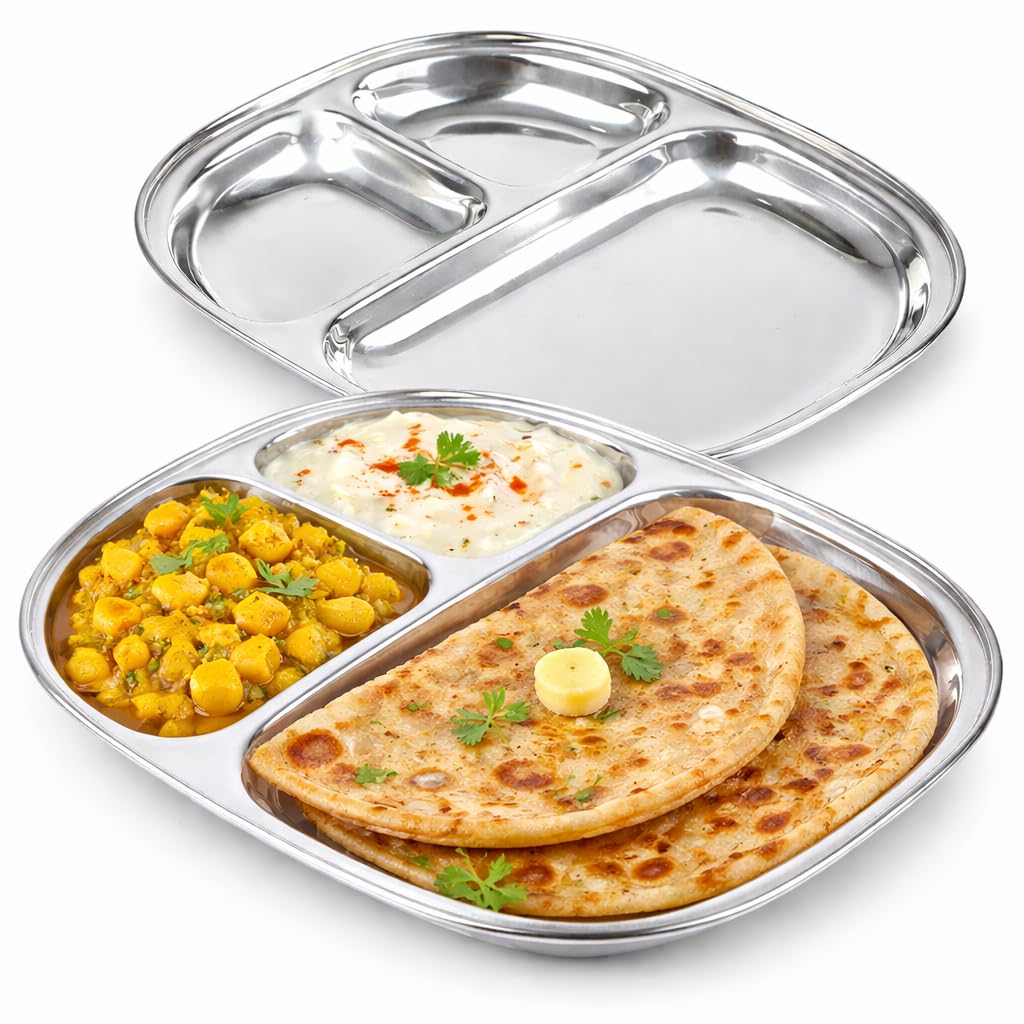 Luckora Premium Stainless Steel Dinner Plates 2 Pack | 3-Compartment Divided Plates | Rust-Proof, Non-Toxic Metal Mess Trays for Adults & Kids | Perfect for Indian Thali, Camping & Outdoor Meals