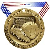 Decade Awards Soccer World Class Medal – Gold | WCM Futbol First Place Award | Includes Stars and Stripes American Flag Neck Ribbon | 3 Inch Wide