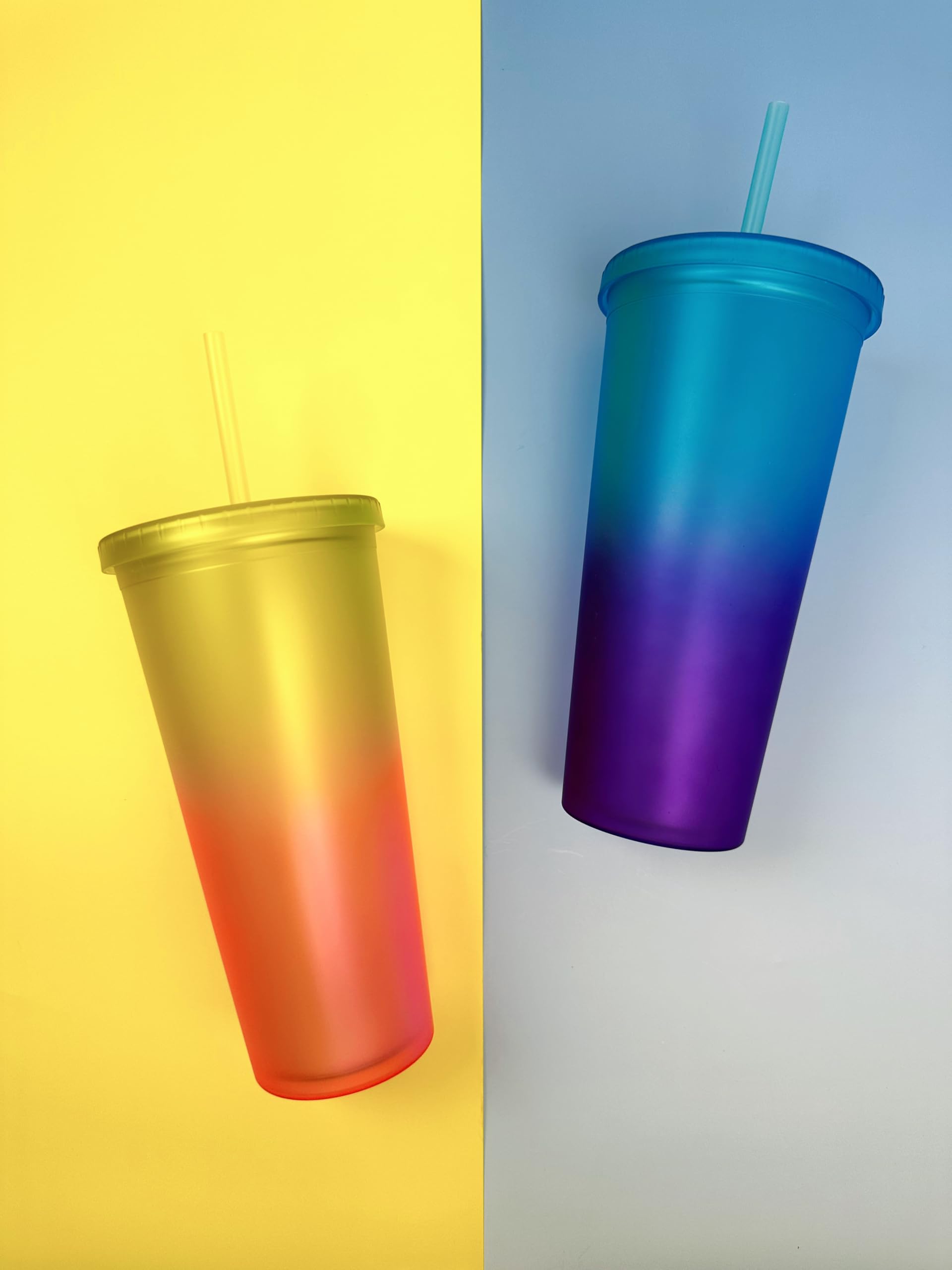 LINDACA 24oz/710ml Double Wall Gradient Colour Reusable Plastic Cups with Lid and Straw (Yellow) - Image 4