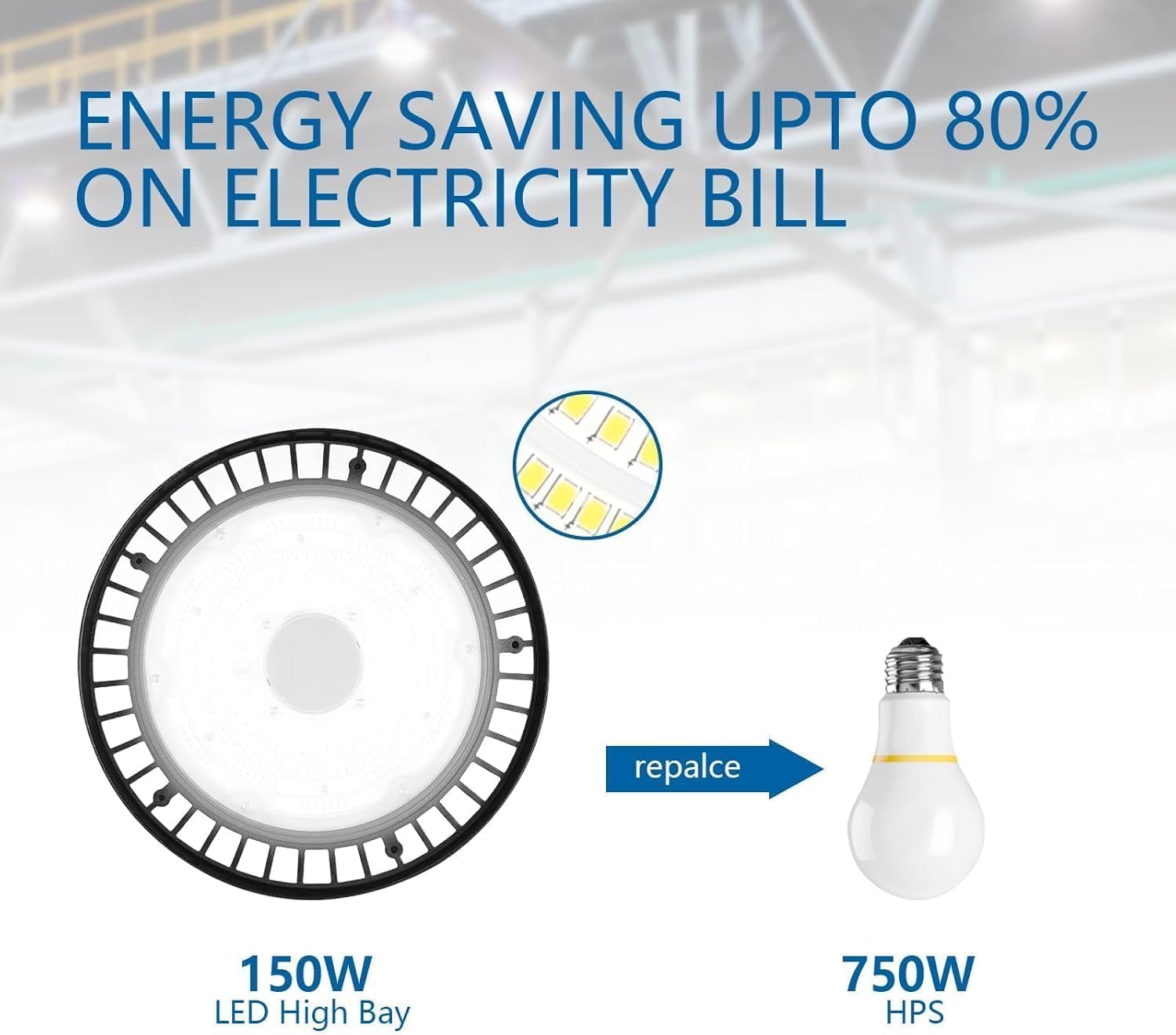 UFO LED Warehouse Light High Bay Dimmable 0-10V with US Plug 4Ft Cable 150W Egv 750W MH HPS — view 5