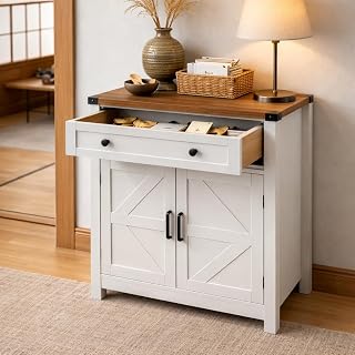 Farmhouse Coffee Bar Cabinet with Storage, Buffet Cabinet with 1 Drawer & 2 Barn Doors, Rustic Console Table for Kitchen, Dining Room & Entryway (White)