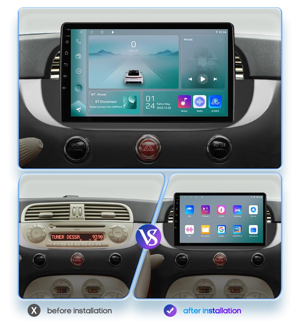 hizpo 9 pollici Touchscreen Autoradio compatibile con Fiat 500 2007-2014 con Carplay/Android Auto 4-core UPC 2+32GB DAB Adattatore autoradio WiFi 4G Mirror Link (nero-1)