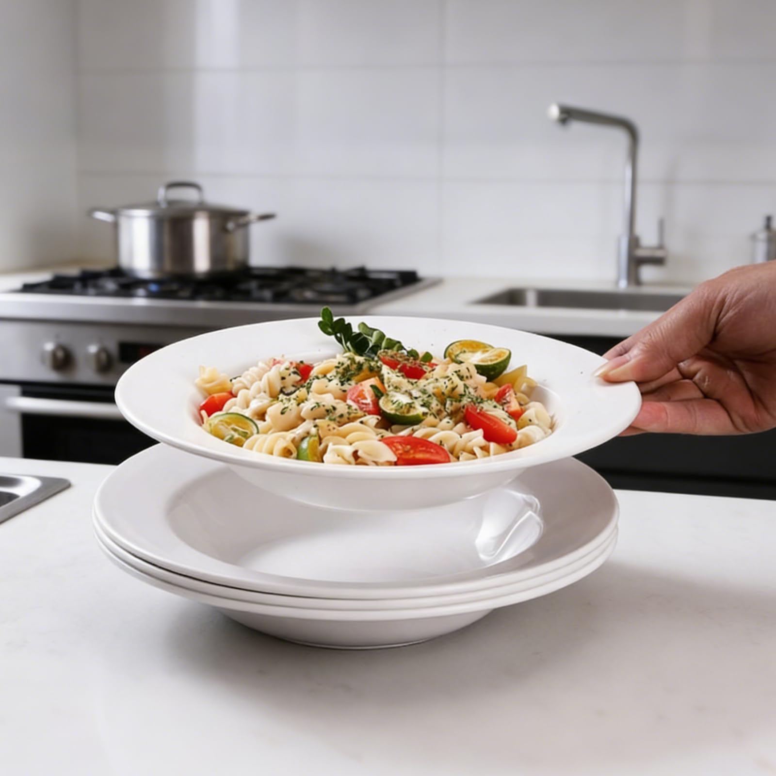 PORFOYO Set da 6 piatti per pasta, set di piatti, piatti fondi per pasta e zuppa in plastica, grandi e profondi, riutilizzabili, piatti da campeggio, bianchi rotondi, piatti fondi per camper, feste