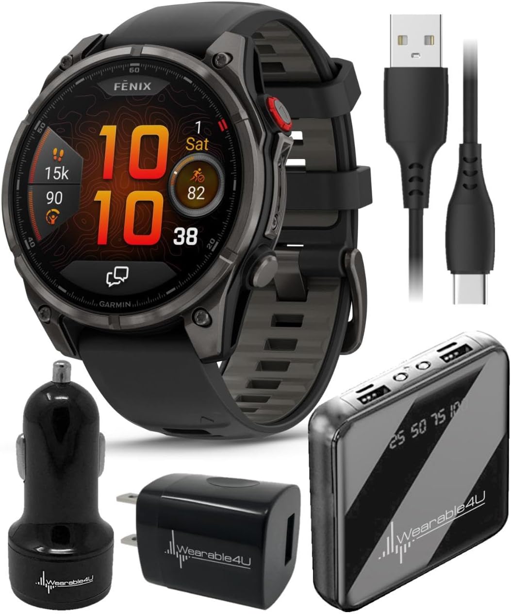 Garmin Fenix 8 Pro 51mm AMOLED Sapphire Premium Multisport GPS Smartwatch, inReach Technology, Carbon Gray DLC Titanium/Black Silicone Band with Wearable4U PowerBank Car Wall Adapters Bundle