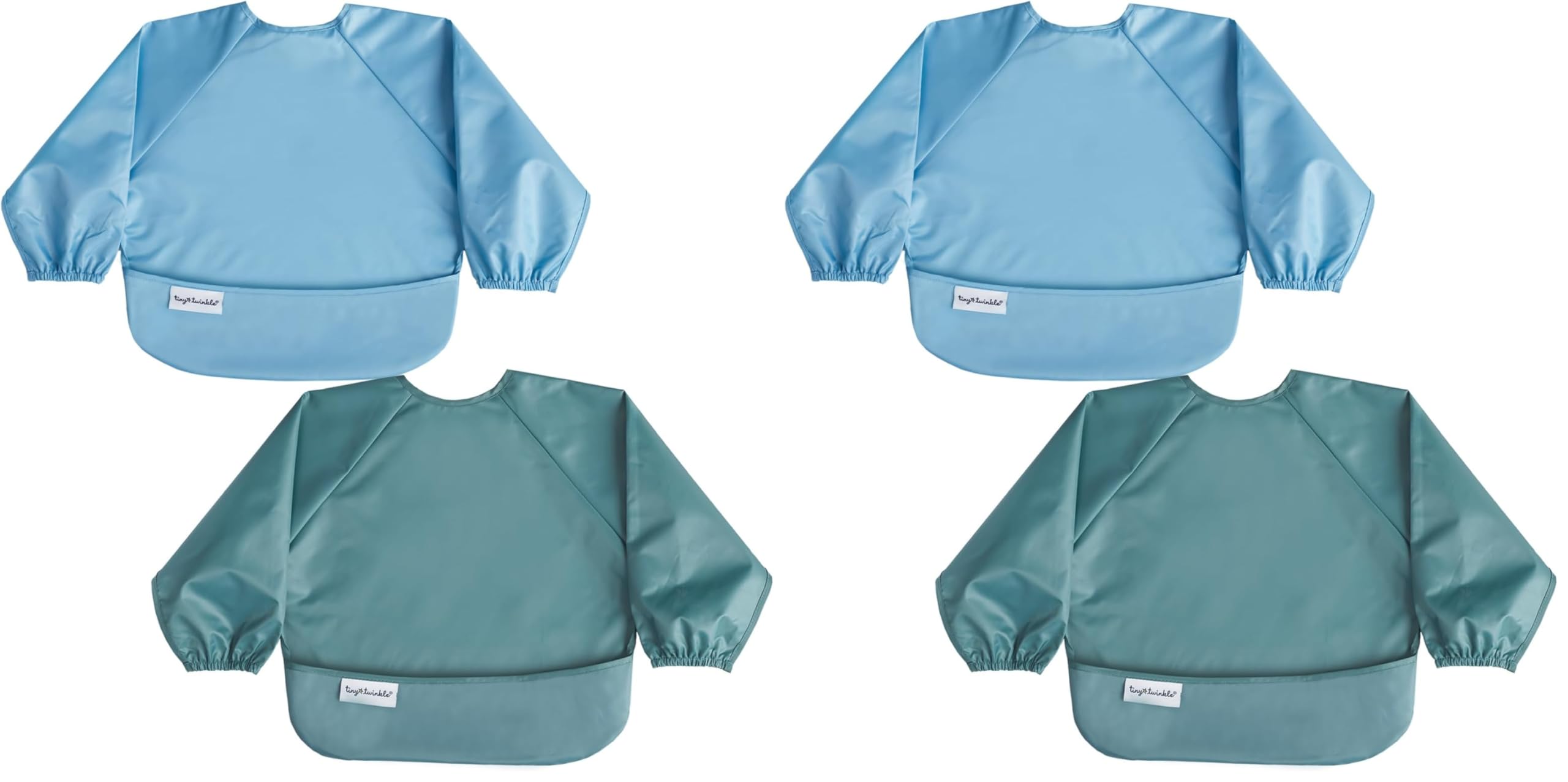 Tiny Twinkle Long Sleeve Bib for Babies &amp; Toddlers | 4-Pack Waterproof Smock Bib for Eating | Machine Washable &amp; Mess-Proof Feeding Essentials | Newborn Shower Gift (Slate Olive,6–24M)