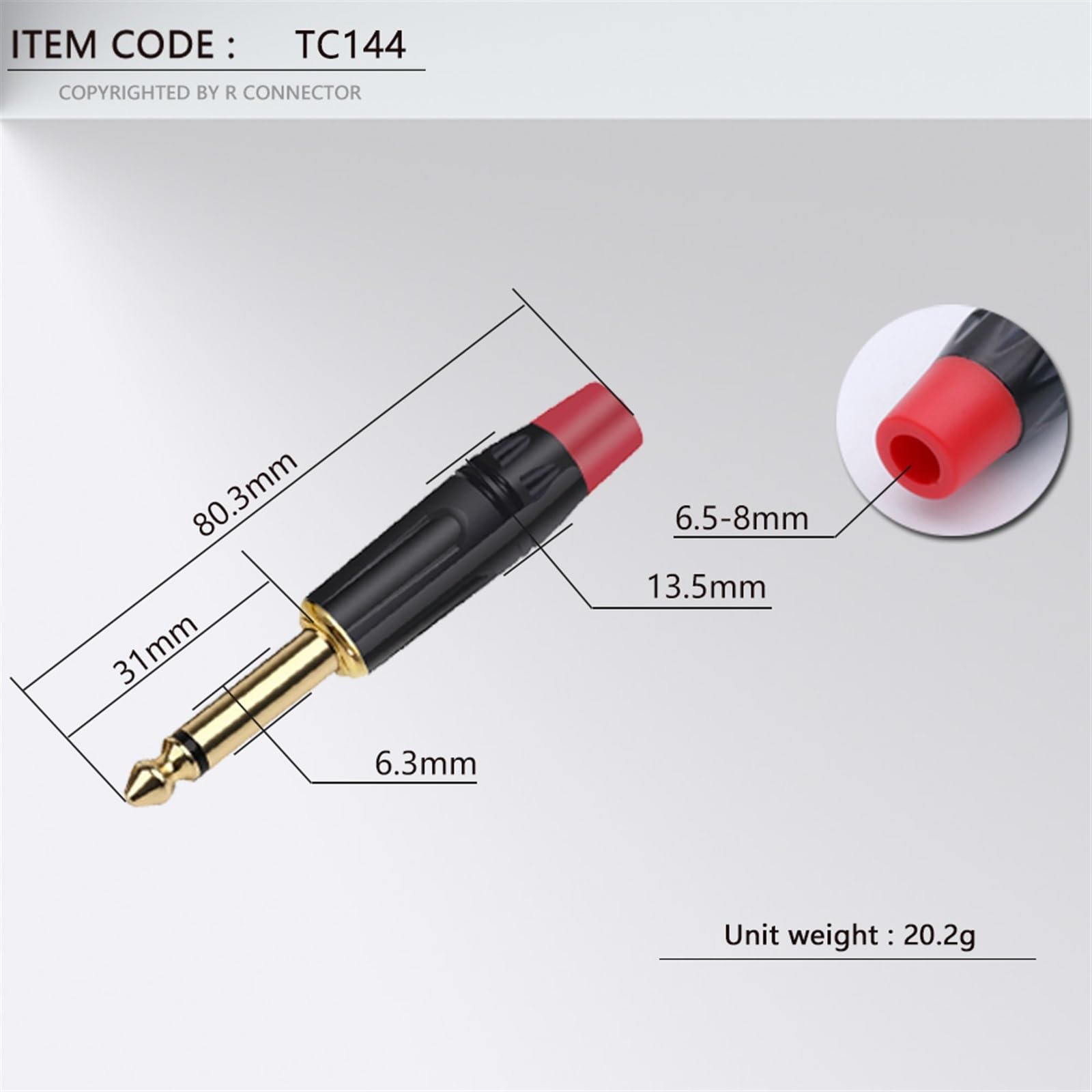 2 connettori da 6,35 mm maschio mono da 6,35 mm, connettore jack per microfono in ottone da 1/4" (rosso)
