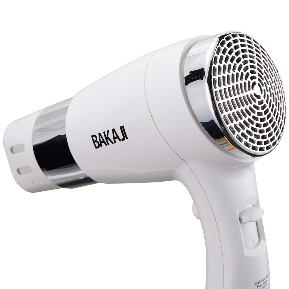 Bakaji Asciugacapelli da Parete Muro Phon Asciuga Capelli Bagno Potenza 1600W 2 velocità selezionabili Colore Bianco e Silver per Casa Hotel con beccuccio