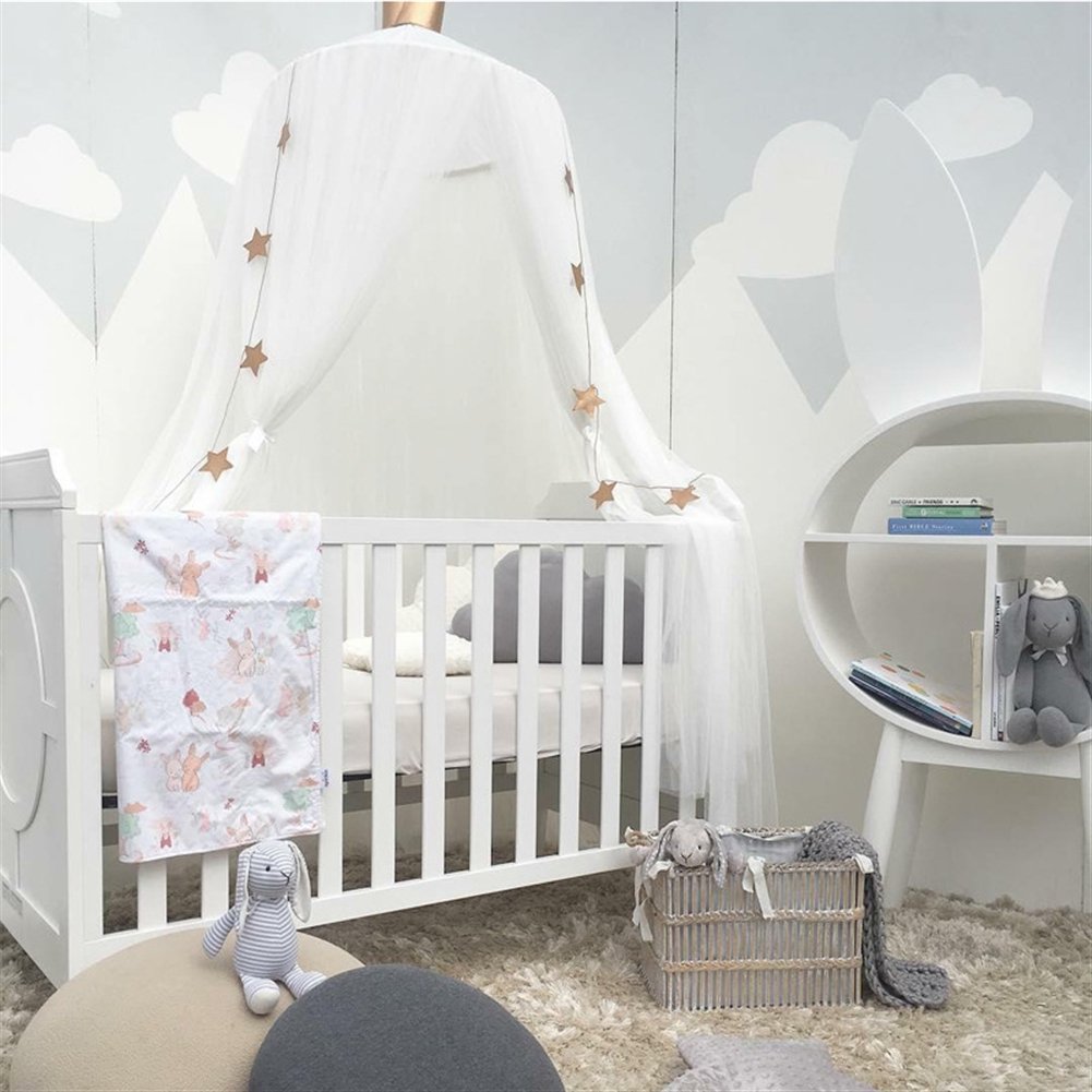 zanzariera Lettino Neonato con Supporto Maglia zanzariera Lettino Bimbi con Apertura Pieghevole Neonato per Lettino Bambini mit Ornamenti Stella Bianco 240x60cm (HöhexDurchmesser)