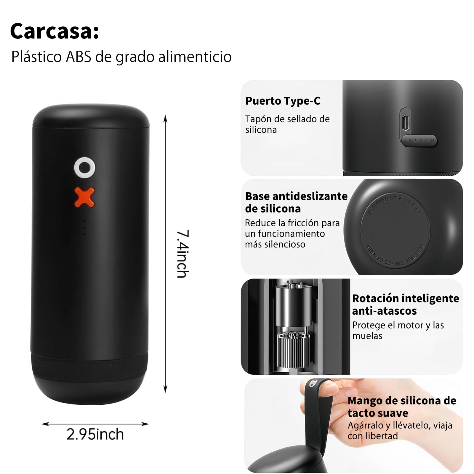 Nuttii Burr Molinillo de café portátil, Negro Mate | Eléctrico, silencioso, muela cónica ajustable, 20 niveles de molienda, apto para espresso, pour-over, French press, moka, uso en casa y viajes | 20 ajustes de molienda, color negro mate, prensa francesa
