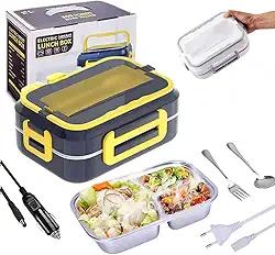 Marmita Elétrica Portátil Veicular de Aço Inoxidável Para Carro Uber Casa Lancheira Térmica 12V,110V, 220V (Bivolt) C/ 3 Divisórias Inox (Azul C/Amarelo) da Marca Midas®