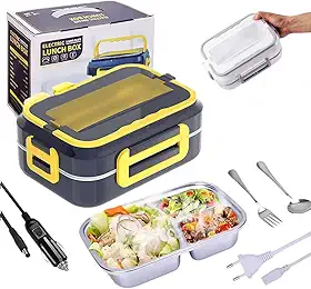 Marmita Elétrica Portátil Veicular de Aço Inoxidável Para Carro Uber Casa Lancheira Térmica 12V,110V, 220V (Bivolt) C/ 3 Divisórias Inox (Azul C/Amarelo) da Marca Midas®