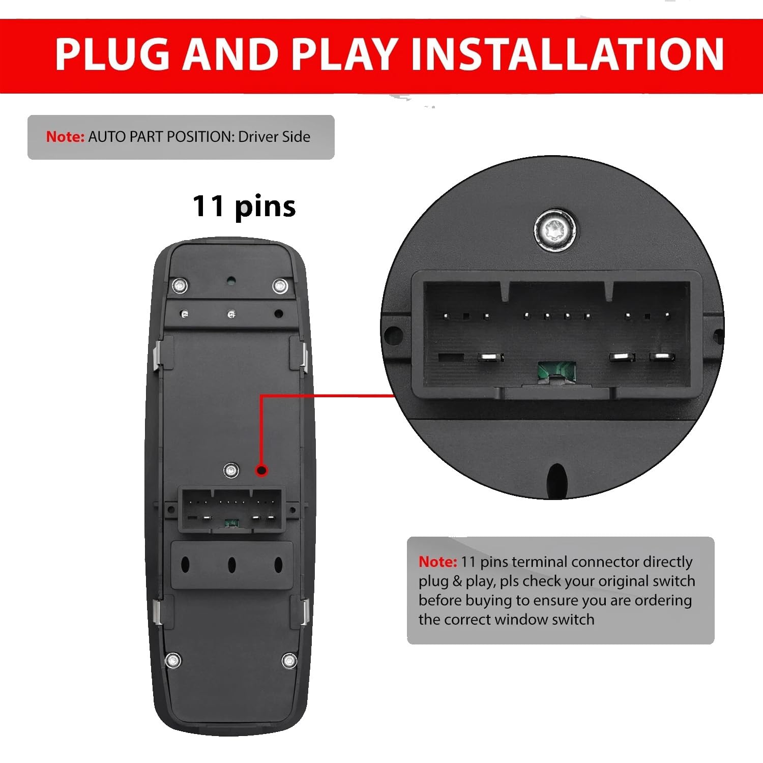 Master Power Window Control Switch Driver Side for 2011-2019 Dodge Charger
