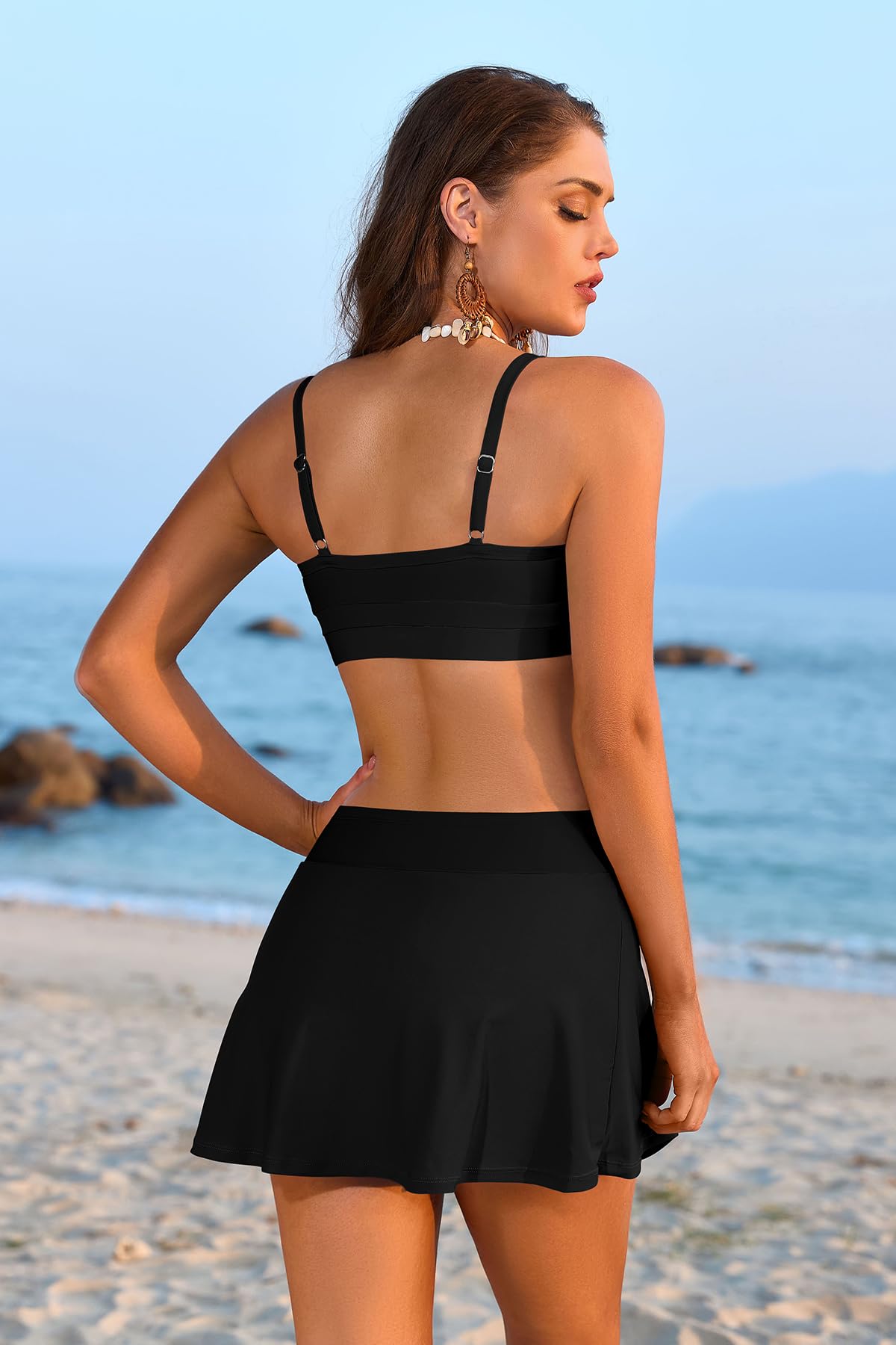 SHEKINI Damen Sportive Bikini Set High Waisted Zweiteilige Badeanzüge mit Rock Bottom