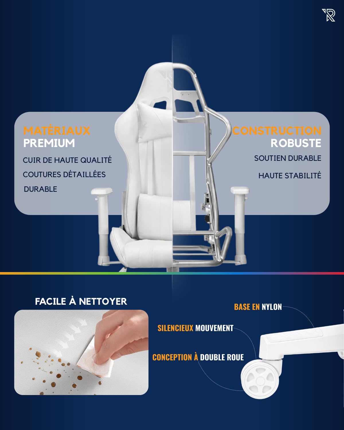 Fauteuil Gaming Felix Ergonomique Style Racing en Similicuir Robuste avec Dossier Haut, Inclinaison Réglable, Coussins Amovibles pour Longues Sessions Et Grandes Tailles, Blanc