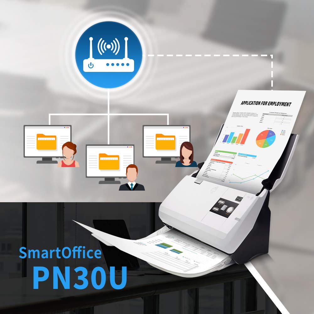 Plustek SmartOffice PN30U Duplex netzwerkfähiger Dokumentenscanner mit Ultraschall- Doppelblatterkennung (ADF, 600dpi, 30ppm) inkl. DocAction Software für Windows und Mac
