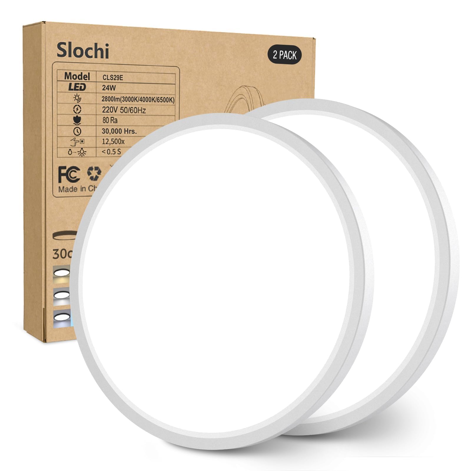 slochi Deckenlampe LED Deckenleuchte Flach, Ø30CM 3Farben 24W 2800LM Weiß