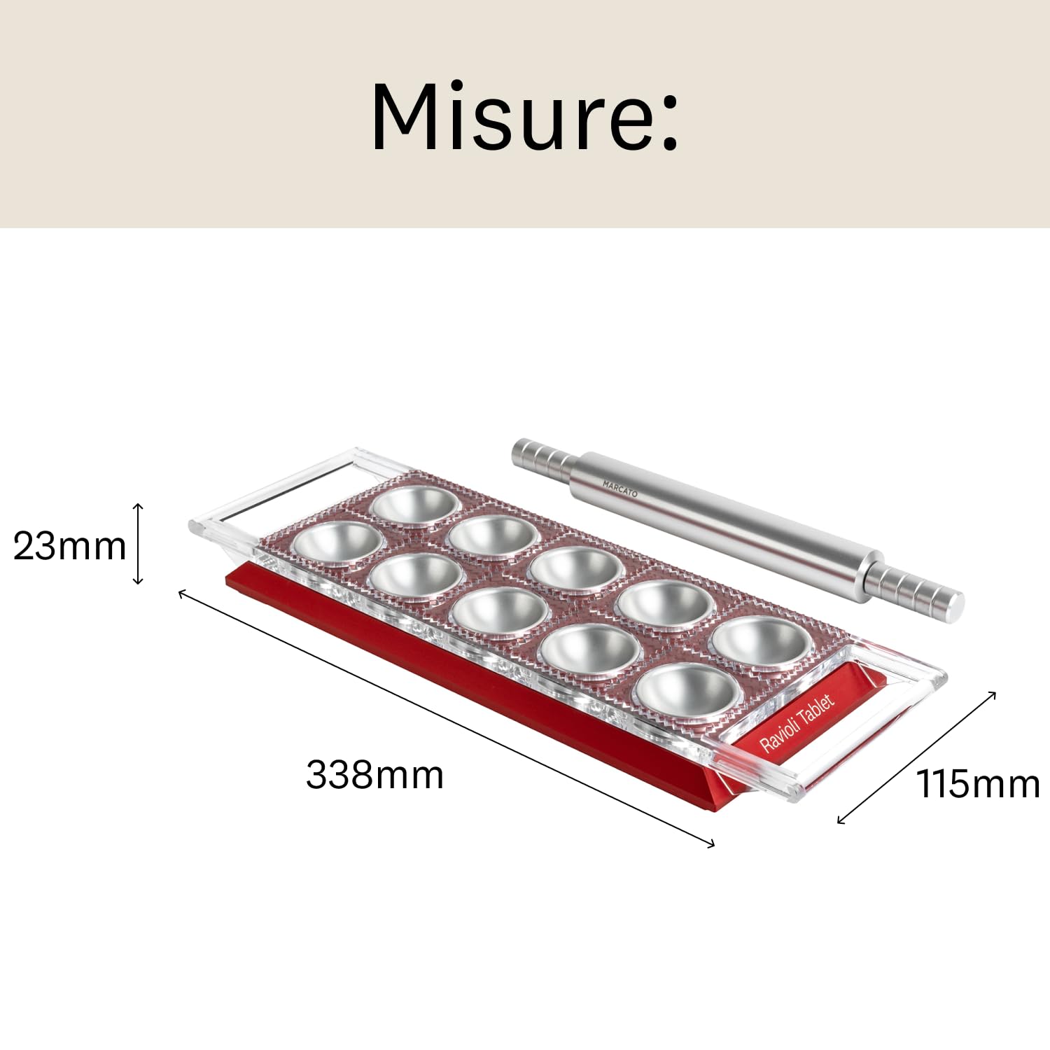 Marcato Ravioli Tablet, Stampo per Ravioli Forme per Ravioli, Powder Rosso, Alluminio Anodizzato, Mattarello Incluso, 20x10x2 cm, Preparazione Facile, Design Elegante