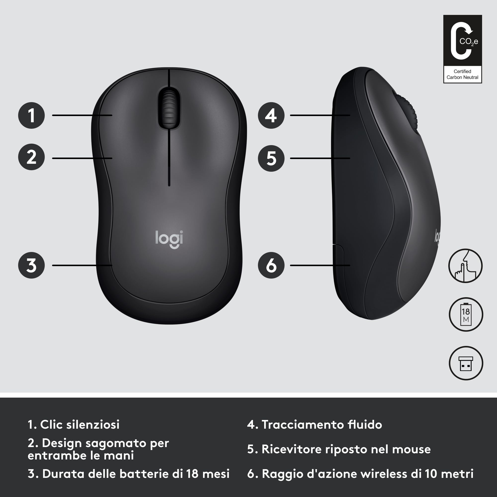 Logitech M220 SILENT Mouse Wireless, 2,4 GHz con Ricevitore USB, Tracciamento Ottico 1000 DPI, Durata Batteria di 18 Mesi, Ambidestro, Compatibile con PC, Mac, Laptop - Grigio