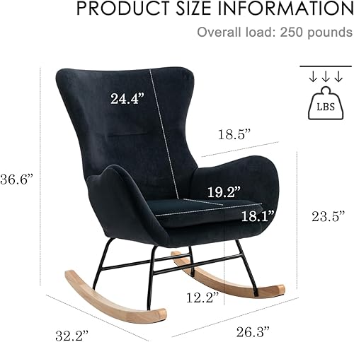 Miniatura 2 de Mecedora con respaldo alto y reposabrazos, mecedora tapizada para bebé, sala de estar, dormitorio (negro)