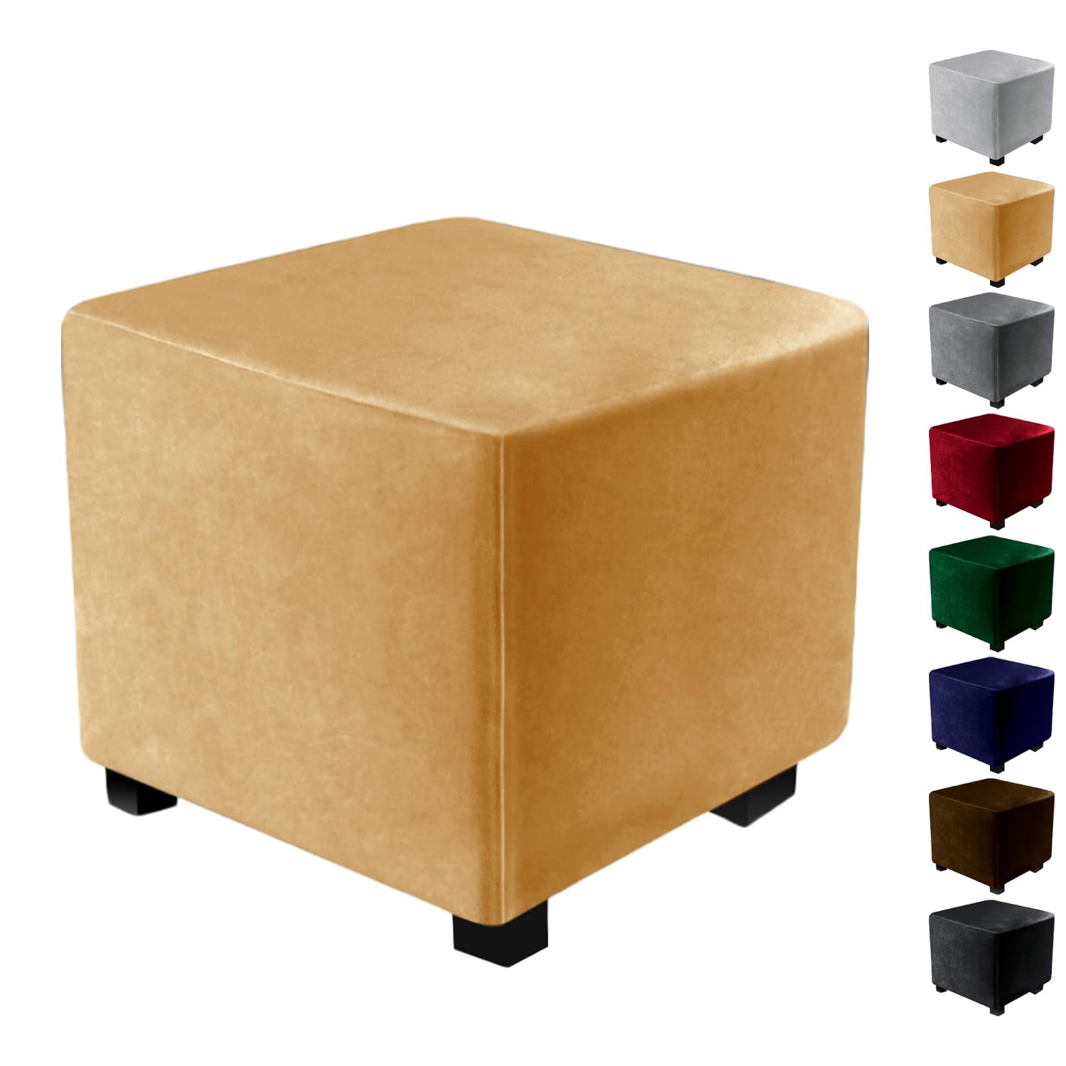 KCCRHIN Velvet Ottoman Covers Slipcovers Square 17X17/30X30/40X40 Inch Extra Large Stretch Storage Stool Ottoman Cover Footrest Foot Stool Cover Solid Color Furniture Protector,Khaki,L