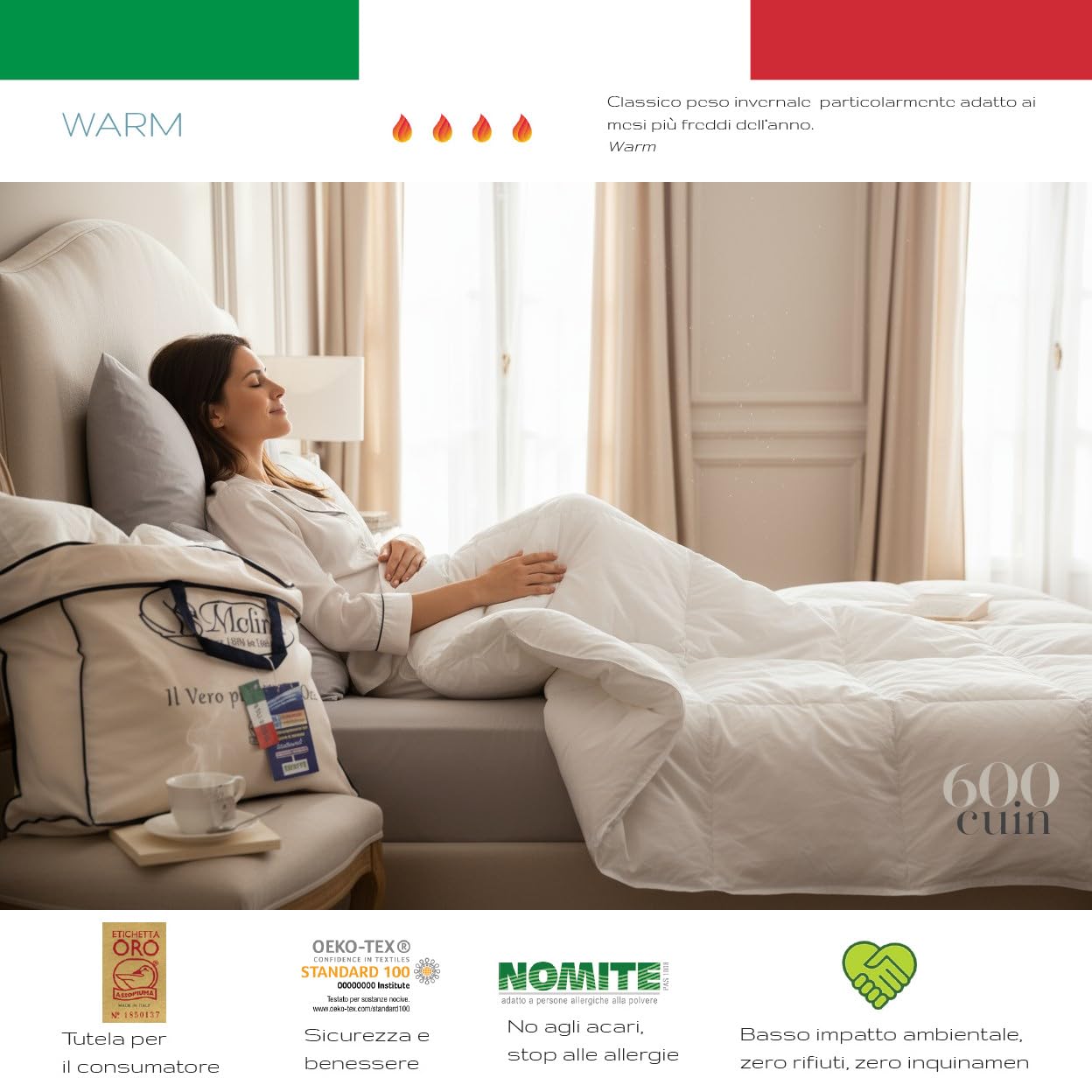 Molina 100% piumino d'oca vergine siberiano matrimoniale 4 punti calore ANTIALLERGICO TERMOREGOLANTE TRSPIRANTE articolo PERLA WARM 250x220 MAXI made in Italy