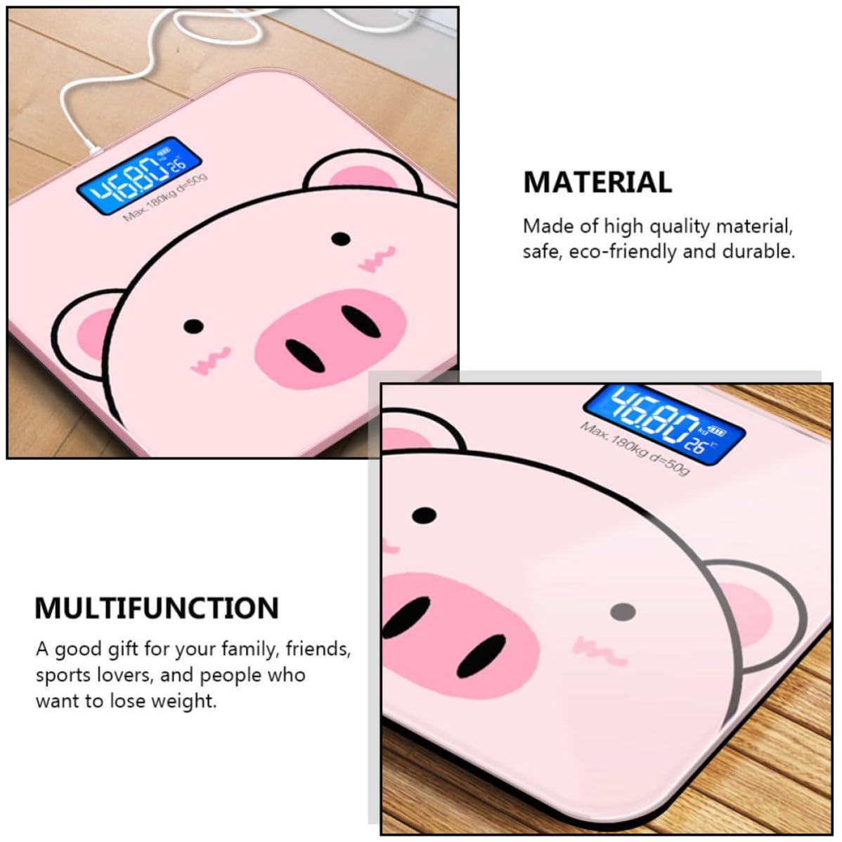 Báscula de Peso Corporal de Dibujos Animados Rosa de Vidrio Templado | Pantalla Lcd Nocturna de Alta Definición, Capacidad 0,2-180kg, Uso Doméstico Práctico