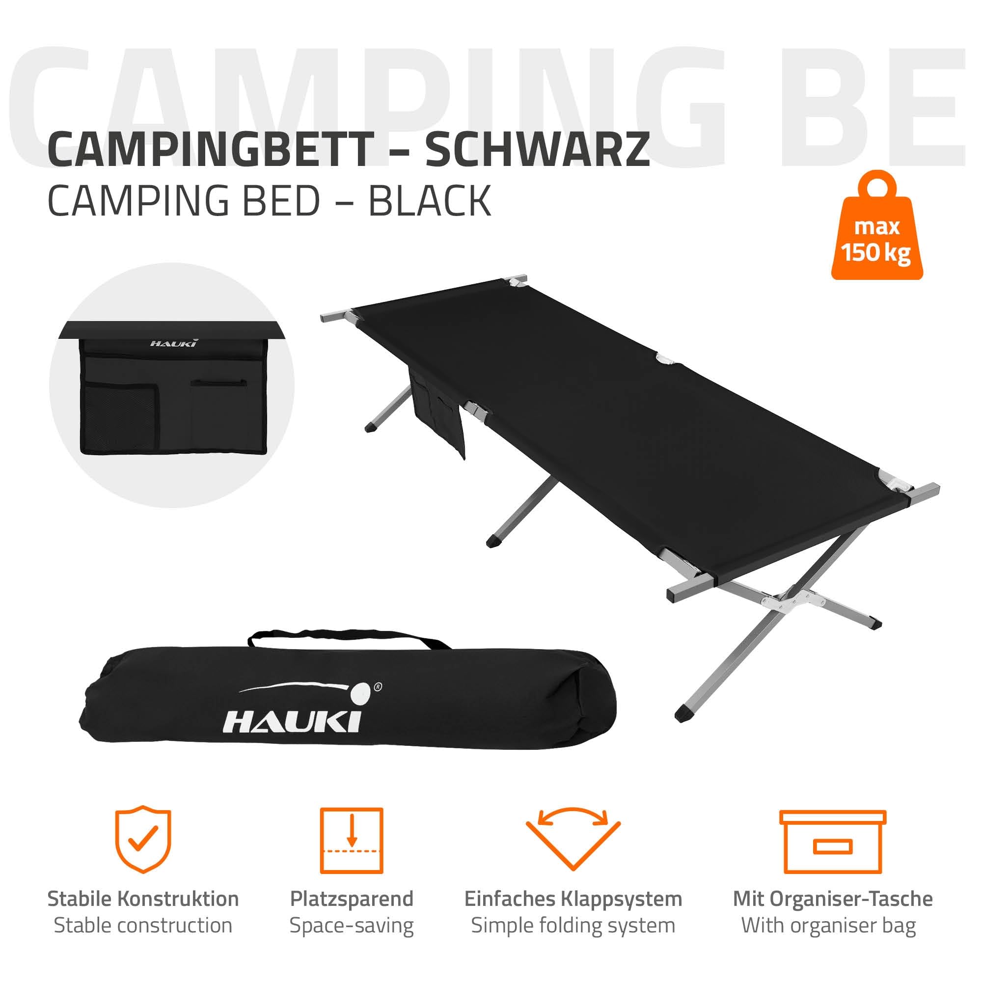 Hauki Brandina da Campeggio Pieghevole Nero 210x83x46 cm Letto per Ospiti Portatile XL con Borsa per il Trasporto Lettino da Campeggio Tubo in Metallo Capacità di Carico fino a 150 kg Outdoor