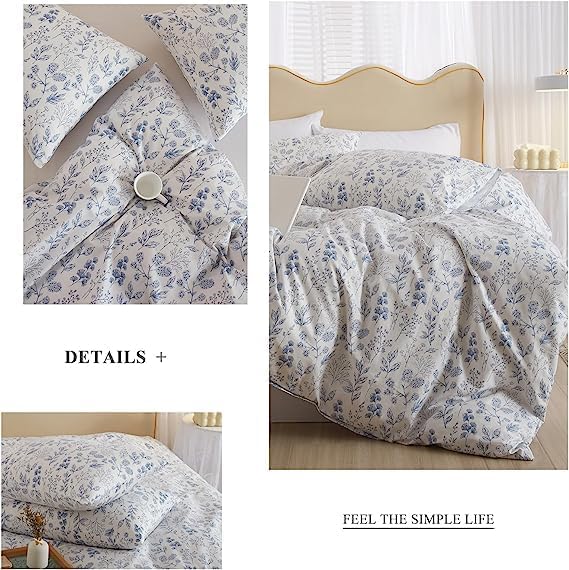 Miniatura 7 de Juego de funda de edredón de algodón, tamaño matrimonial, color blanco, azul, estampado floral, juego de ropa de cama matrimonial, estilo bohemio,