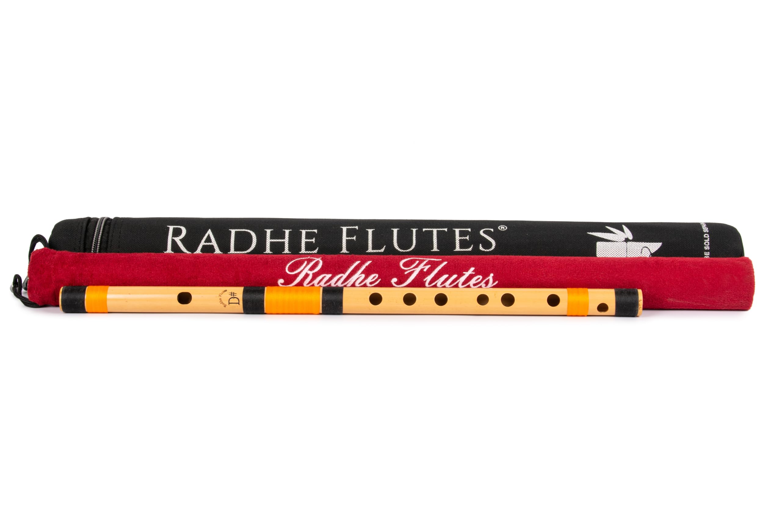 Radhe Flutes | Bansuri professionnel en bambou | D Sharp | droitier | octave moyenne | avec couverture rigide + couverture en velours et tube en papier | Noir et orange | Fabriqué à la main par Tej