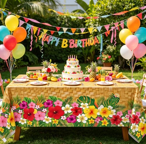 Image of 4 Pcs Hawaiian Luau Tablecloths Hawaiian Luau Table Cloths Tropical Palm Leaves Tablecloth 86 x 51 in Palm Leaves Table Cloth Baby Birthday Party Summer Pool Tropical Party Decorations (4)