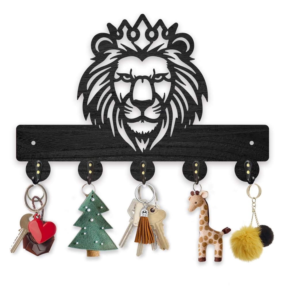 MAYJOYDIY Perchero de madera con diseño de corona de león, para colgar en la pared, 30 x 20 cm, con 5 ganchos de aleación, color negro, para dormitorio, cocina, entrada, oficina