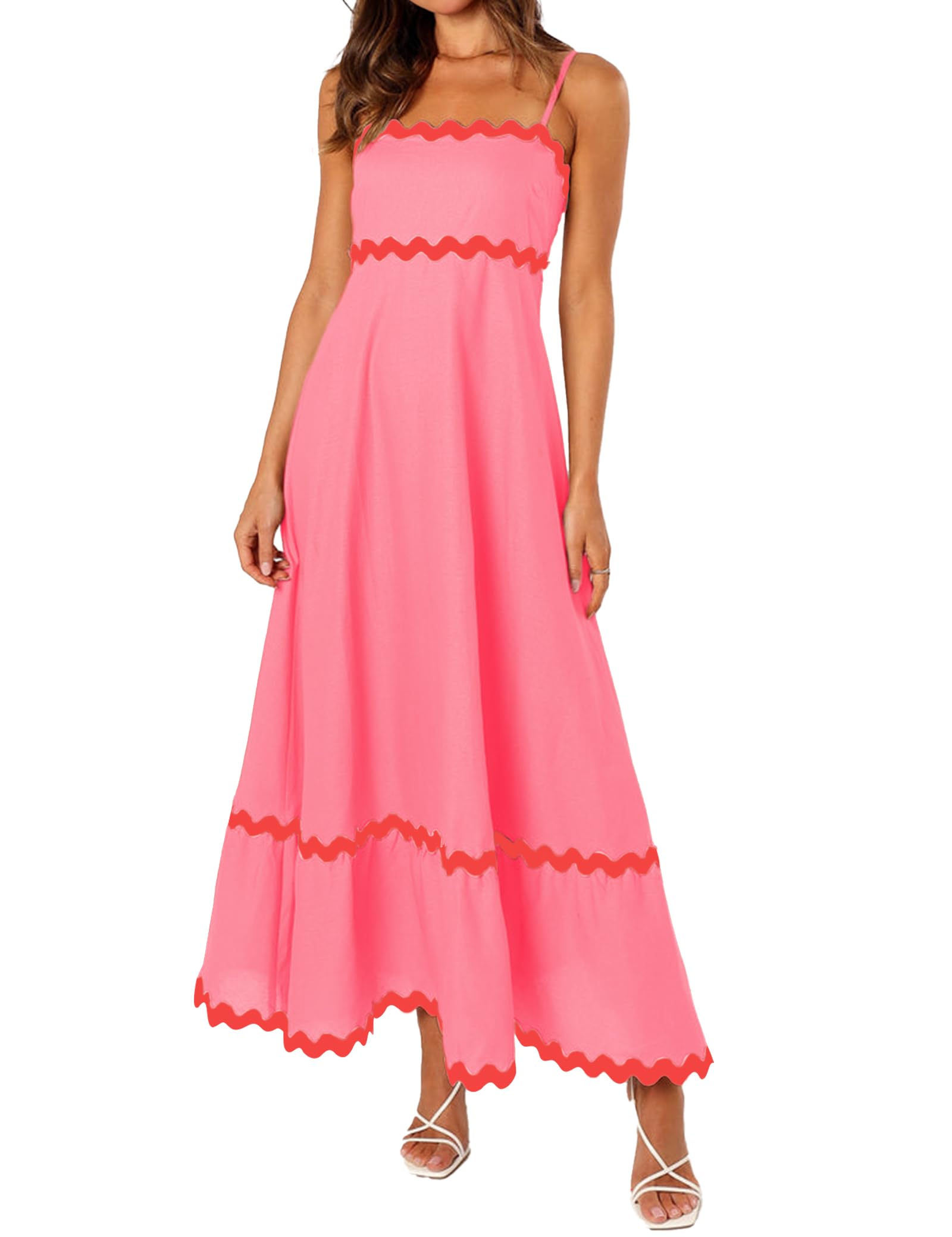 Effeltch Women’s Maxi Dress Backless Sleeveless Spaghetti Strap Contrast Color High Waist Casual Beach Vacation Long Dress