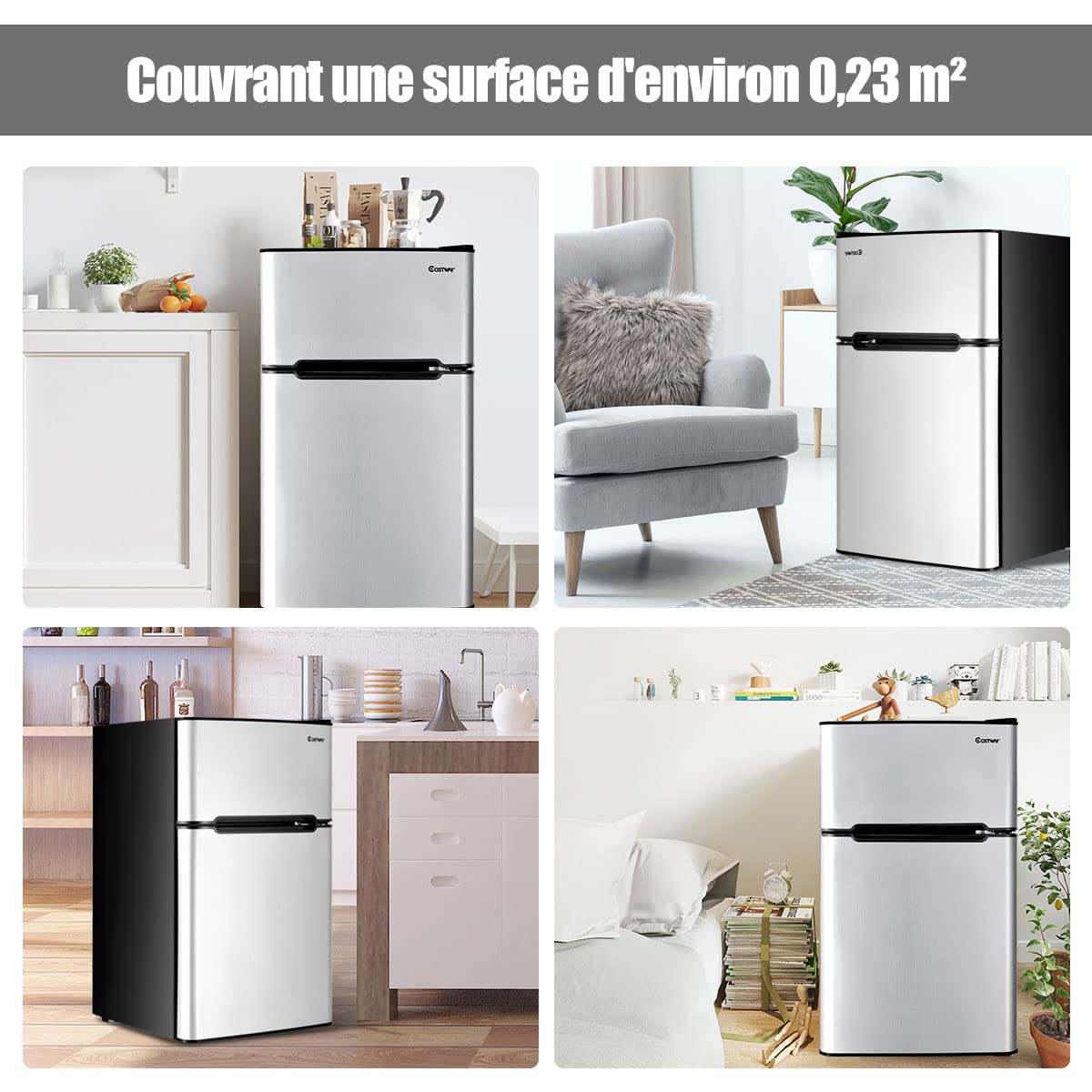 RLEAX4LIFE Frigo Réfrigérateur Rétro 90L Double Porte, Congélateur 27L, Refroidissement 0℃ à 10℃, Température de Congélateur -15℃, Bac Légumes, Compartiment Bouteilles (90L, Gris)