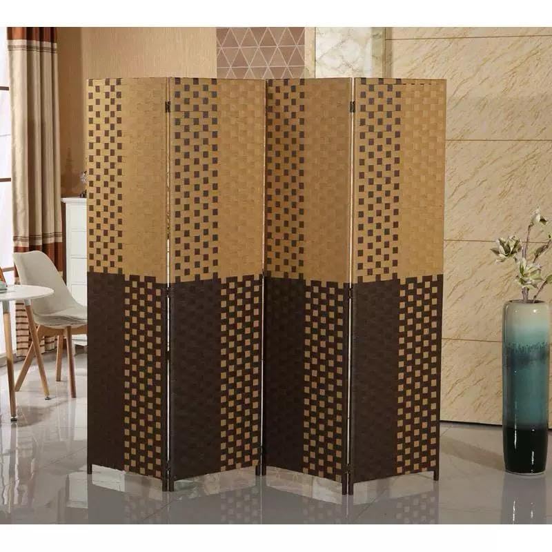 Room Divider 4 Panel Partition Folding Privacy Screens Portable Seperating Wall Handwork Rattan Mesh Woven Design Movable Stretch Room Dividers (Brown & Black)