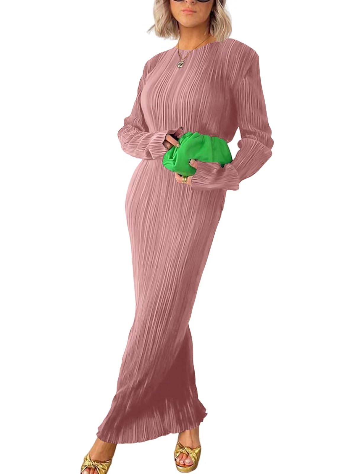 AnnystoreWomen's Long Sleeve Loose Dress Pleated Crew Neck Slim Bodycon Plain Casual Maxi Dresses Cocktail Party Clubwear