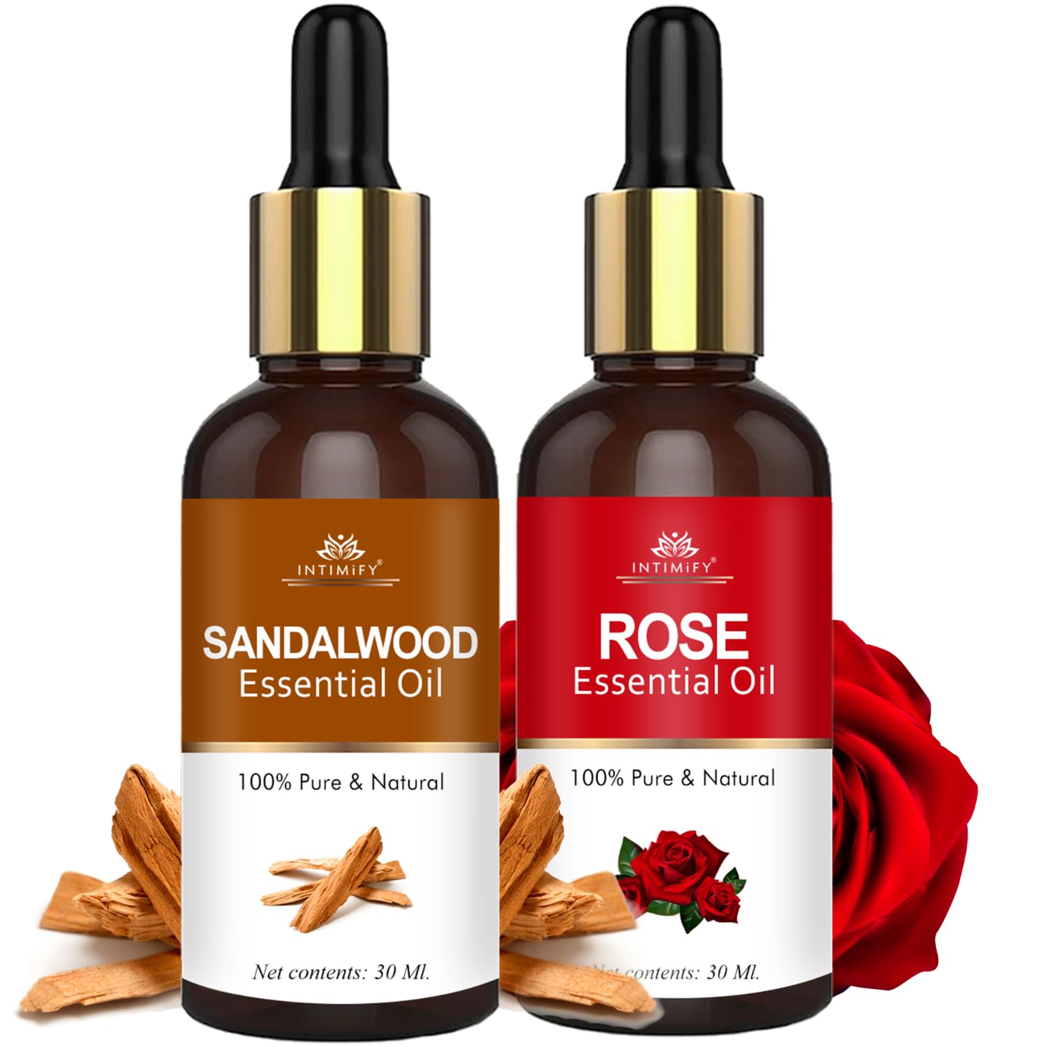 Rose Essential Oil & Sandalwood Essential Oil (30 ml each) Combo Pack | For Face, Skin, Hair & Diffuser | For Women & Men