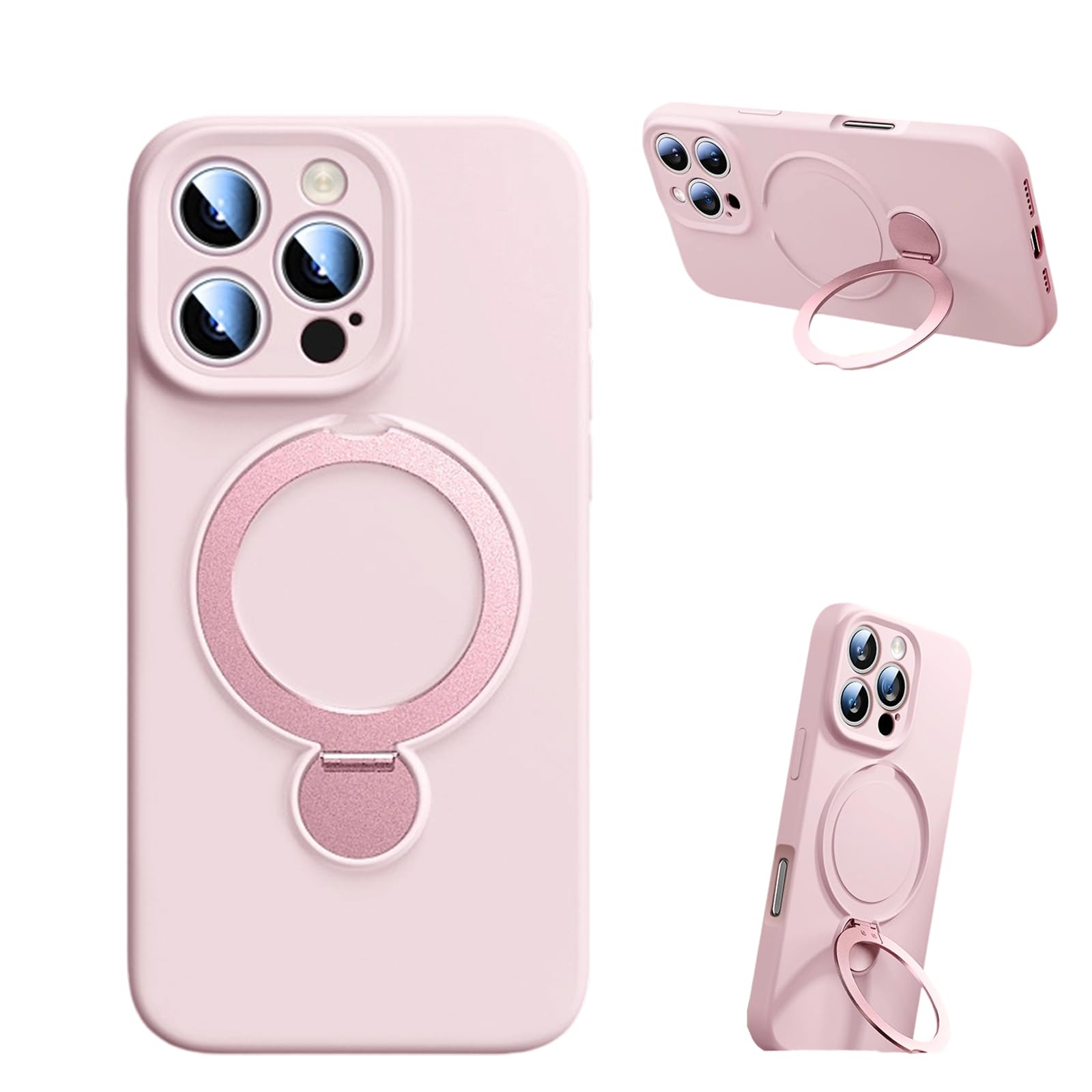 360° Spin Invisible Magnetic Stand for iPhone 16 Pro Case Silicone Full Camera Protection Shockproof Rubber 16 Pro Case Women Men Girl Soft Touch Liquid Silicone Cover, Pink