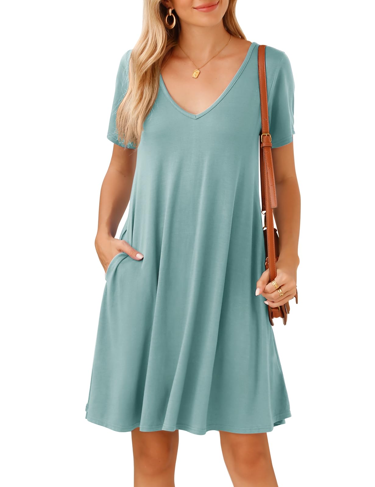 JollieLovin Women T Shirt Plus Size Summer Swing Dresses Short Sleeve V Neck Loose Casual Dress(L-5X)