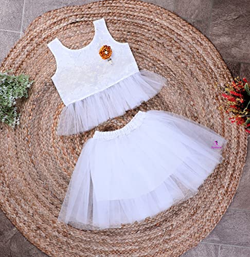 Image of ANNECA baby girl's designer rayon cotton modern crop top and naylon soft net knee lenth skirt clothing set