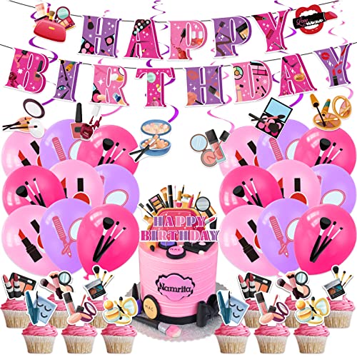 Spa Party Dekorationen Makeup Geburtstag Party Dekorationen Beinhaltet Spa Happy Birthday Banner, Spiralen, Kuchen Topper, Cupcake Toppers, Ballons für Makeup Party Zubehör Pamper Party Dekorationen