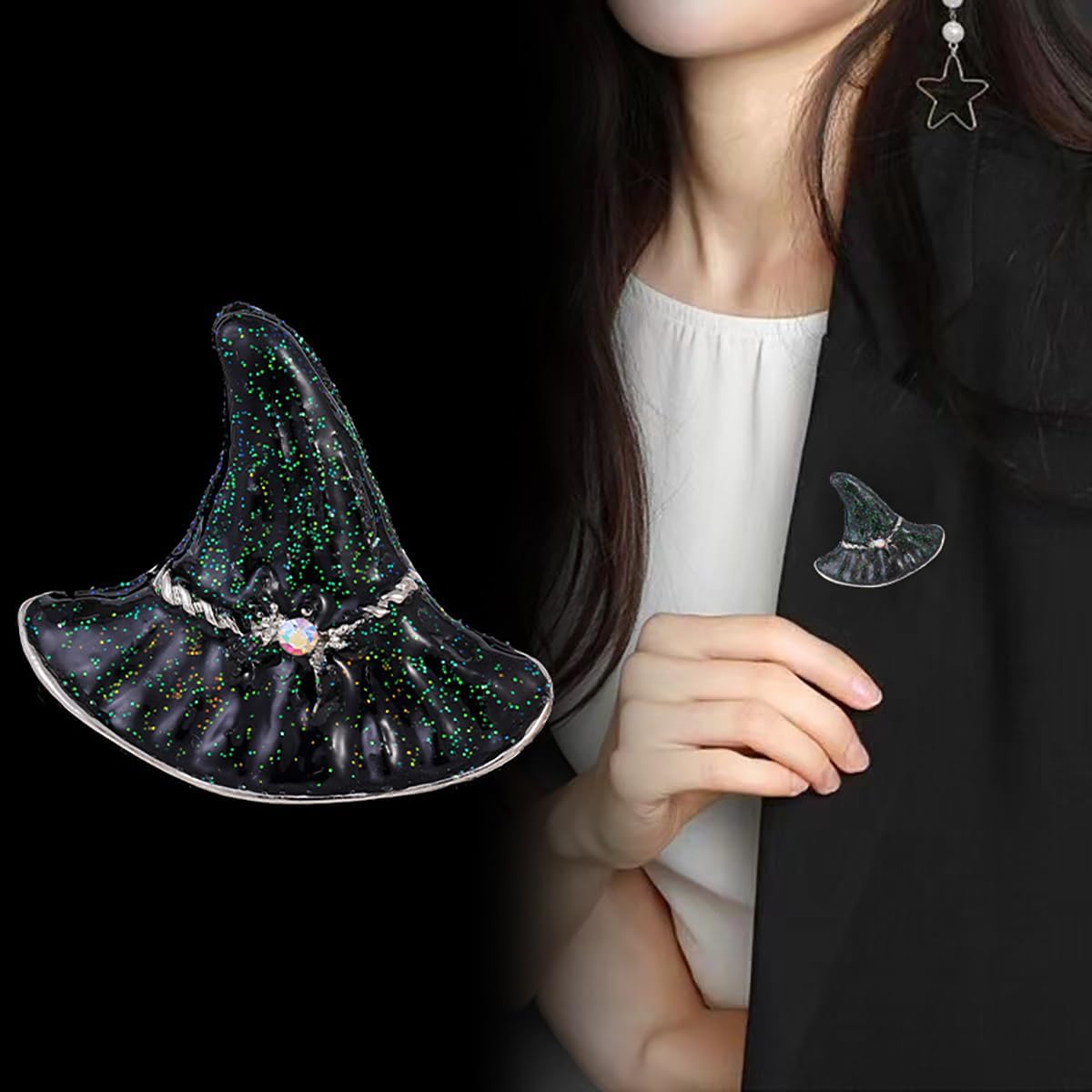 Rhinestone Witch Hat Brooch Pin for Women AB Crystal Green Witchcraft Brooches Lapel Pins Unisex Delicate Cap Fashion Chic Christmas Halloween Jewelry - Image 2