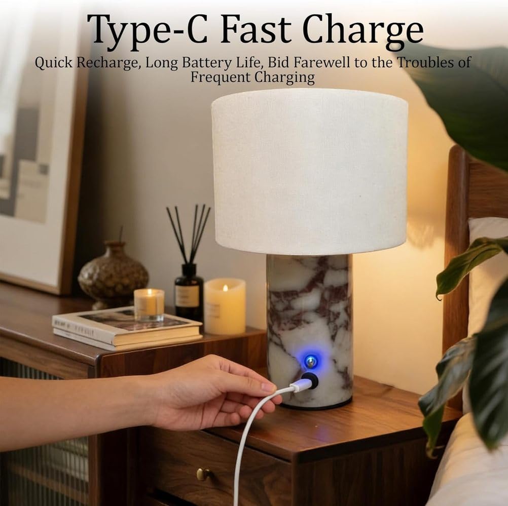Marble Tischleuchte Luxus Touch Dimmbar Nachttischlampe Akku Tischlampe Kabellos USB-C Aufladbare Stoff Lampenschirm aus Leinen Marble Lamp 3 Farbtemperaturen für Schlafzimmer Restaurant Geschenk