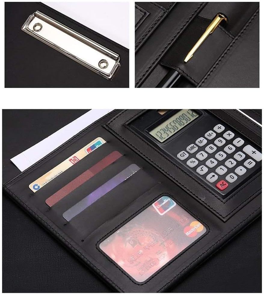 Zdejmujący się Ring Binder i Notepad, Skórzana teczka konferencyjna z kalkulatorem i organizerem na dokumenty, uchwyt długopis, 325 x 250 mm, wielokolorowa(Blue)