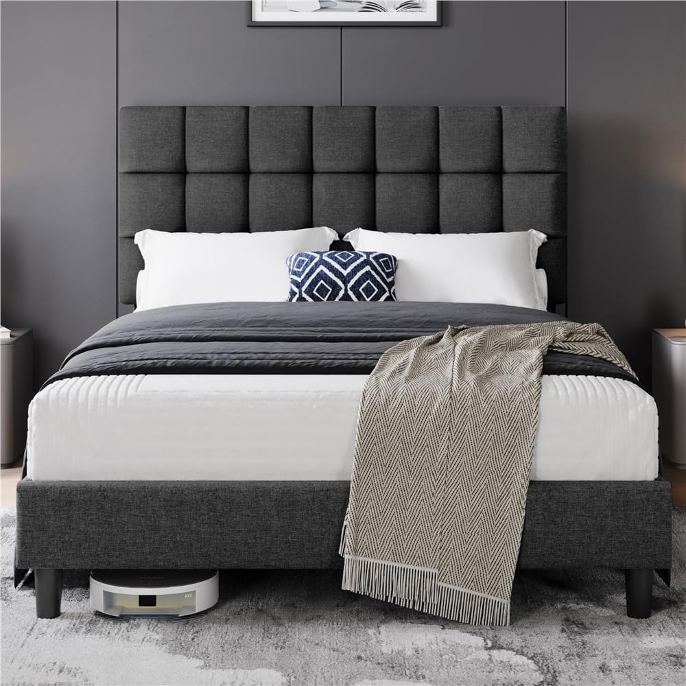 Yaheetech Marco de Cama Tapizada de 140 x 200 cm Camas de Matrimonio con Cabecero Regulable en Altura Estructura Estable con Listón de Madera, Color Gris Oscuro