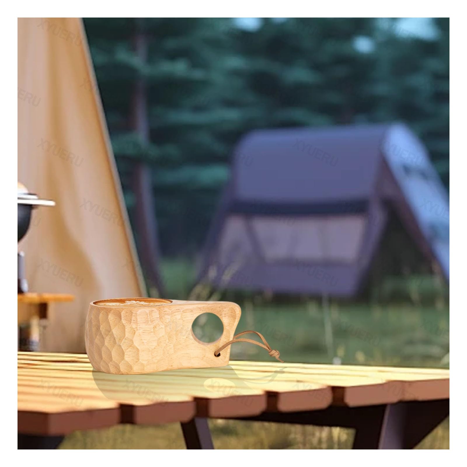 Taza de camping de madera, hecha a mano, taza de café de viaje con asa y correa para el cuello, taza de campo portátil para té y leche, esencial para senderismo al aire libre
