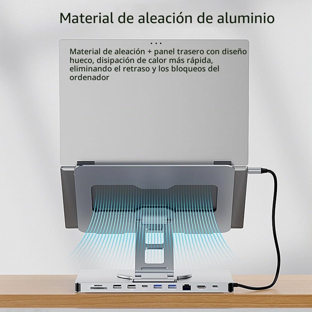 Aptop Estación de acoplamiento 4K 60Hz Puerto Gigabit 10 en 1 Hub USB 3.0 Diseño giratorio plegable Aleación de aluminio Plata Portátil Expansión Dock