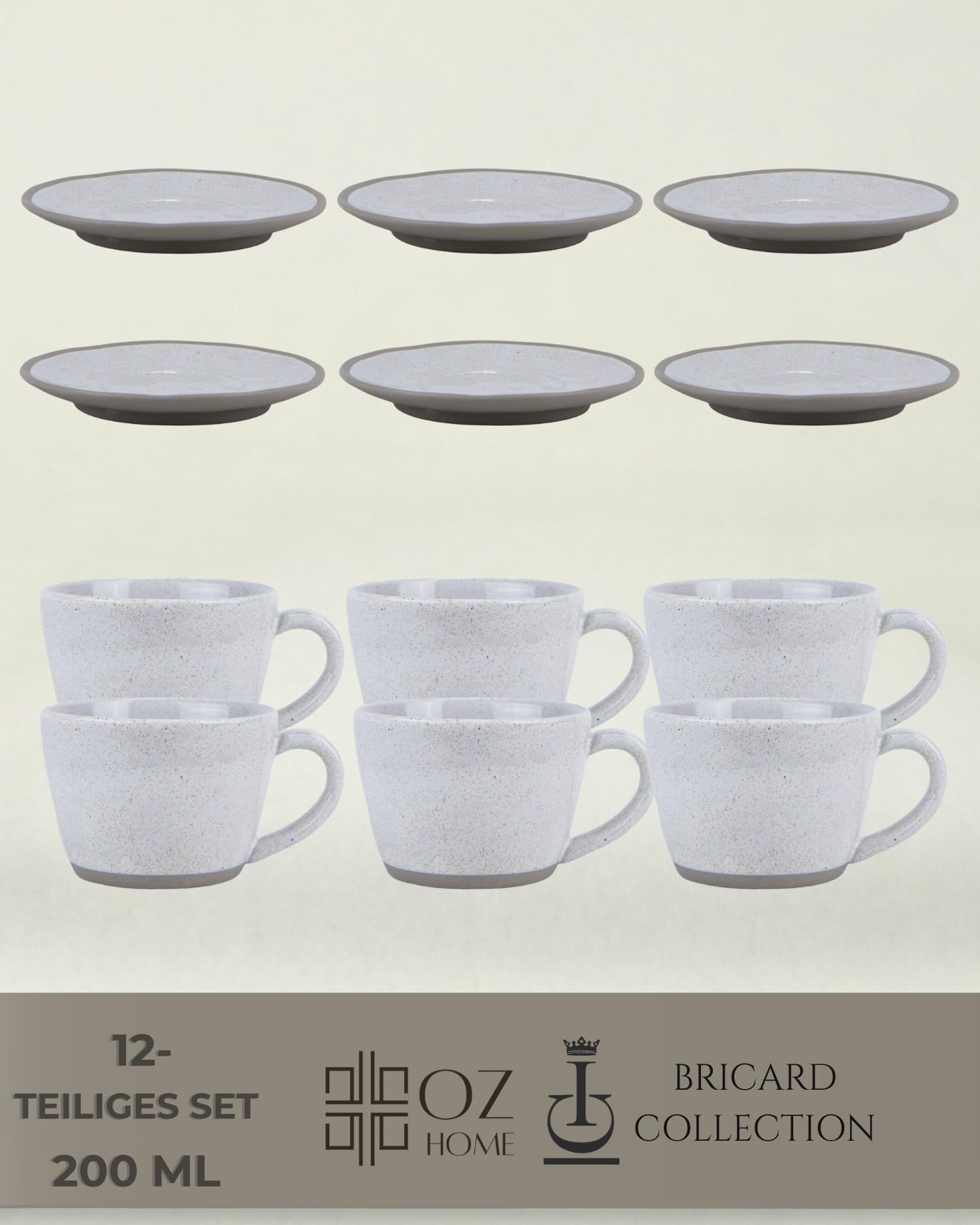 Kaffeetassen Set 12-teilig mit Untertassen, Kaffeeservice für 6 Personen | BRICARD Albi | 200 ml Keramik Hellgrau, Cappuccino Tassen, Spülmaschinen- & Mikrowellengeeignet, Geschenkset