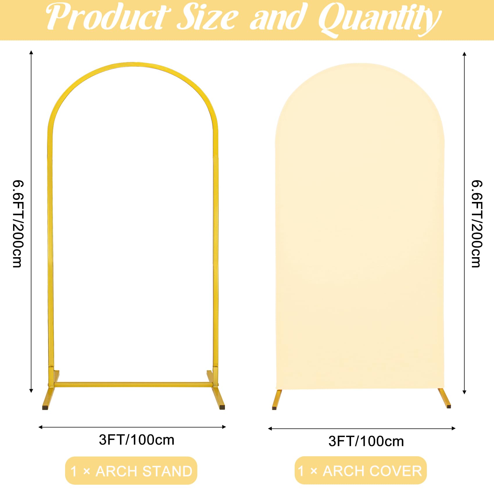 Metal Arch Stand and Cover Set,1 Beige Spandex Fitted Backdrop with 1 Gold Wedding Arched Stand Frame for Parties Birthday Baby Shower Bridal Banquet Decoration (6.6FT)