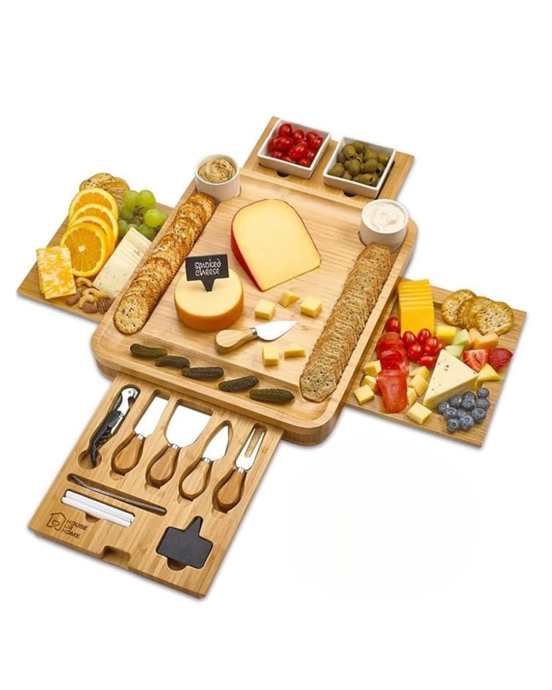 Premsons® Bamboo Cheese Board & Knife Set - 4 Knives + 4 Forks + Ceramic Bowl Set - Charcoal Slate Chalk Marker Cutlery Three Slide Out Drawer - Ideal for Home Dinner Special Occasions 3